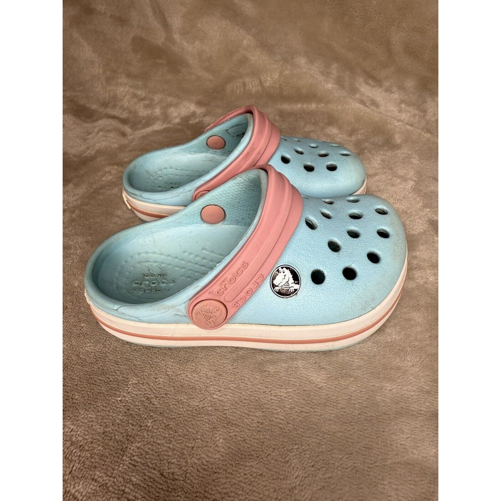 Crocs Crocband Clogs K Kids Ice Blue / Pink Slip On Shoes Back Strap Size 5C